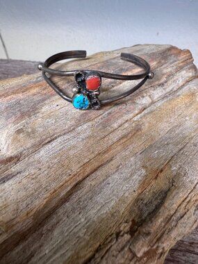Vintage Sterling Silver Turquoise Coral Cuff Bracelet Southwestern Style